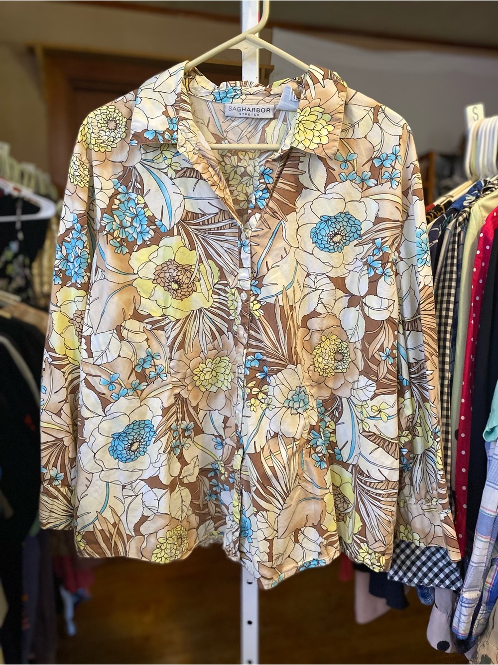 Sag Harbor Floral Button-Front Blouse in Brown, Blue & Cream